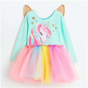 H&M Kids Girls Unicorn Rainbow Tulle Dress with Wings Birthday Party Costume NEW